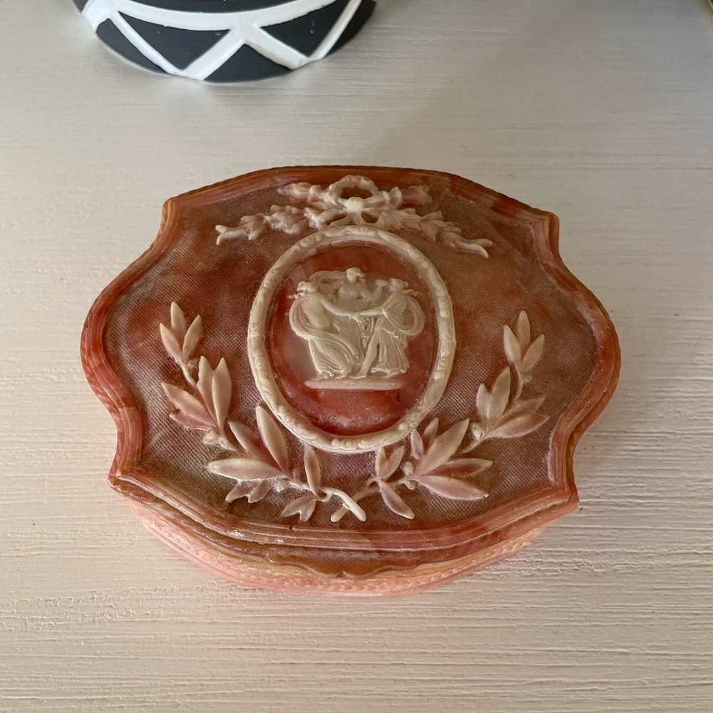 Pink Vintage Genuine Incolay Stone 3 Dancing Muses Hinged Jewelry Trinket Box